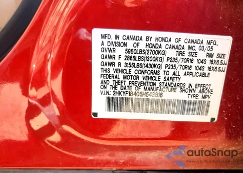 2005 Honda Pilot Ex z USA, uszkodzony, nr VIN 2HKYF18405H548816